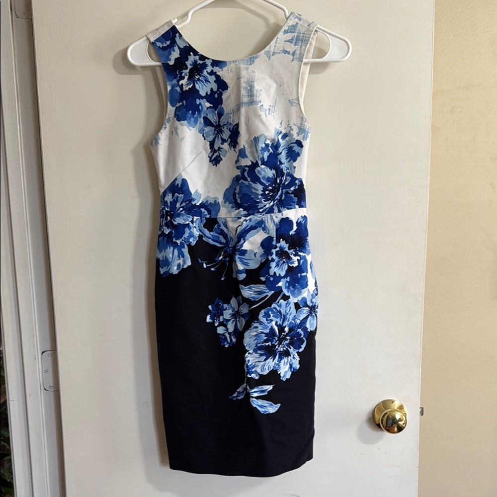 Maeve Blue and White Halter Sheath Dress for Cocktail